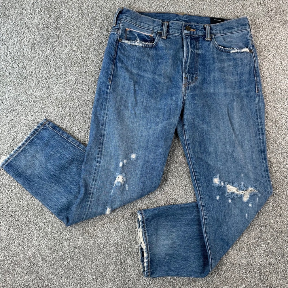 Vince Jeans Selvedge Cropped Straight Leg Womens 28 Distressed Blue Cotton USA